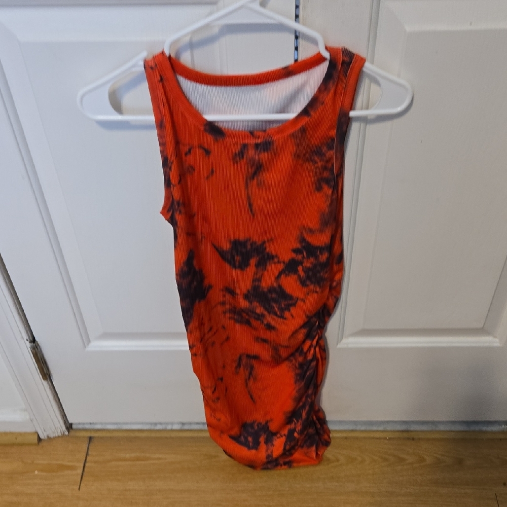 Sleeveless Orange Tie-Dye Ribbed Tank Dress